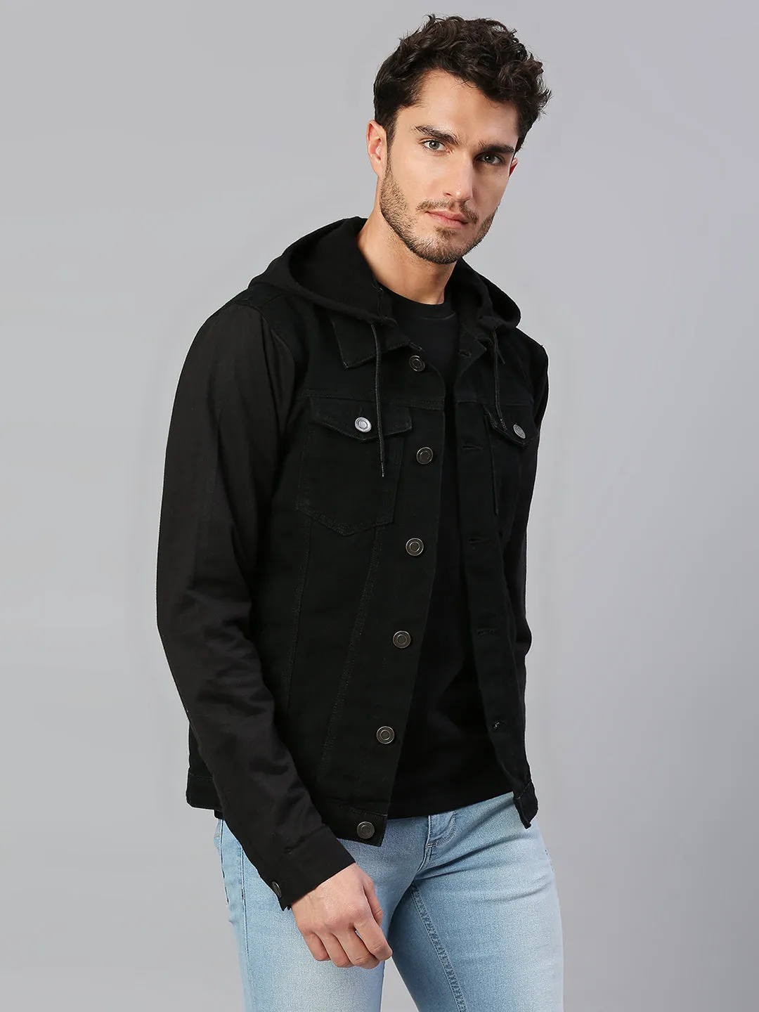 Men's Regular Fit Long Sleeve Button Down Hooded Denim Jacket Lightweight Trucker Jacket (Black)