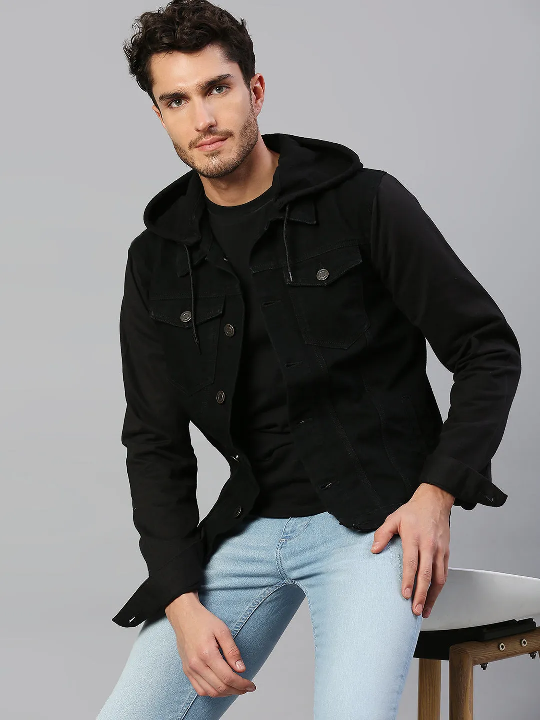 Men's Regular Fit Long Sleeve Button Down Hooded Denim Jacket Lightweight Trucker Jacket (Black)