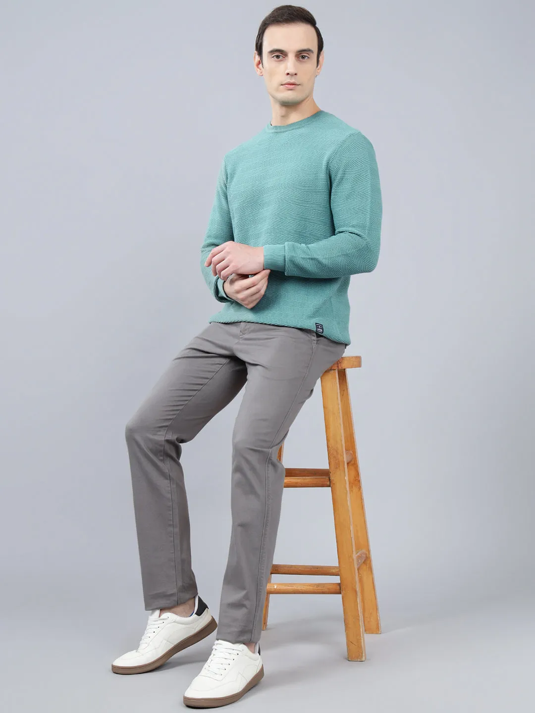 Men's Teal Self Design Full Sleeve Sweater