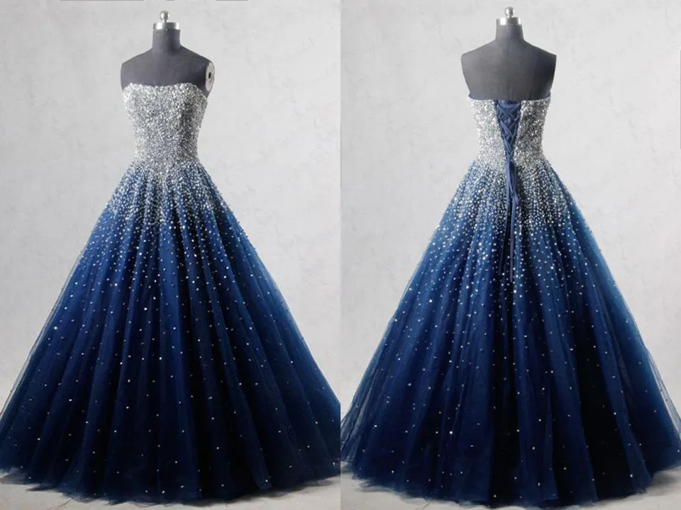 Navy Blue Strapless Floor Length Prom Ball Gown with Beading Sequins, Prom Dresses,Formal Dresses