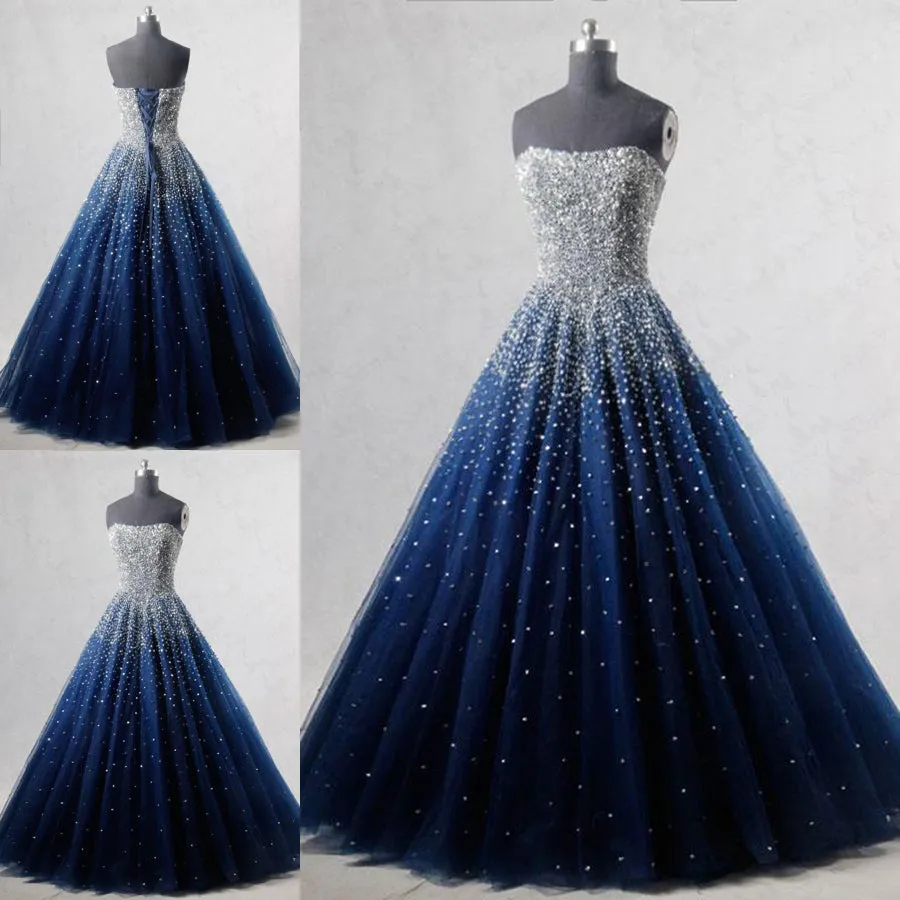 Navy Blue Strapless Floor Length Prom Ball Gown with Beading Sequins, Prom Dresses,Formal Dresses