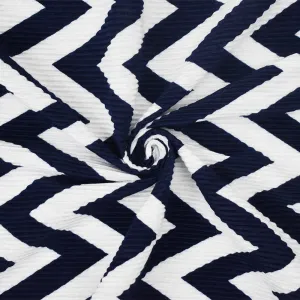 Navy-White Chevron Print Poly Stretch Pressed Pleated Satin Knit Fabric