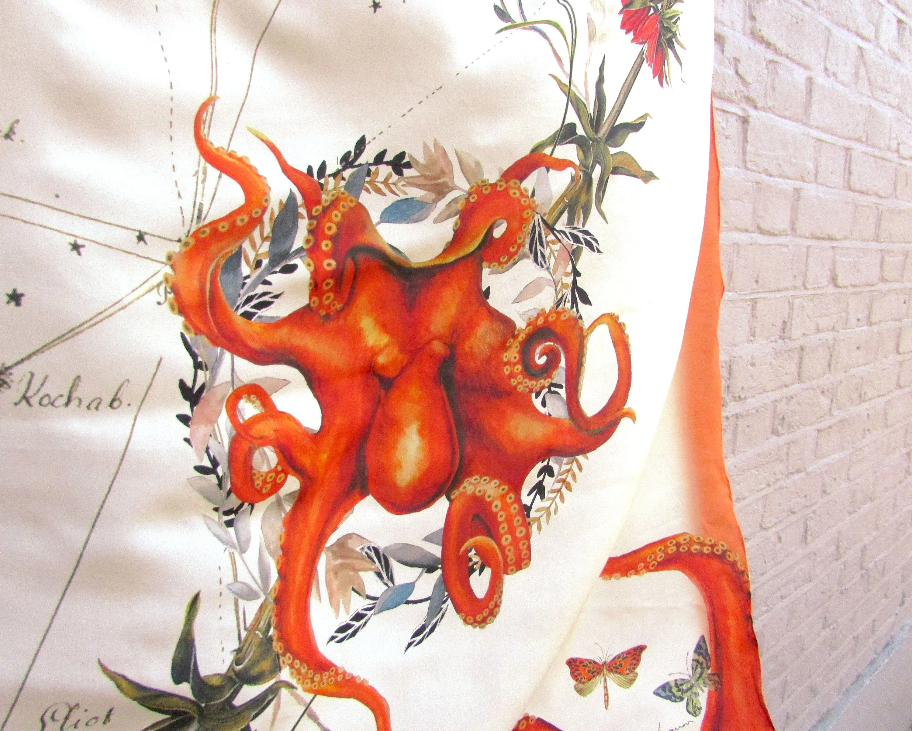 Orange Silk Scarf 'Oracle Silk' is Hand-painted, square Silk Scarf from the Evolution Collection by Alice Acreman silks