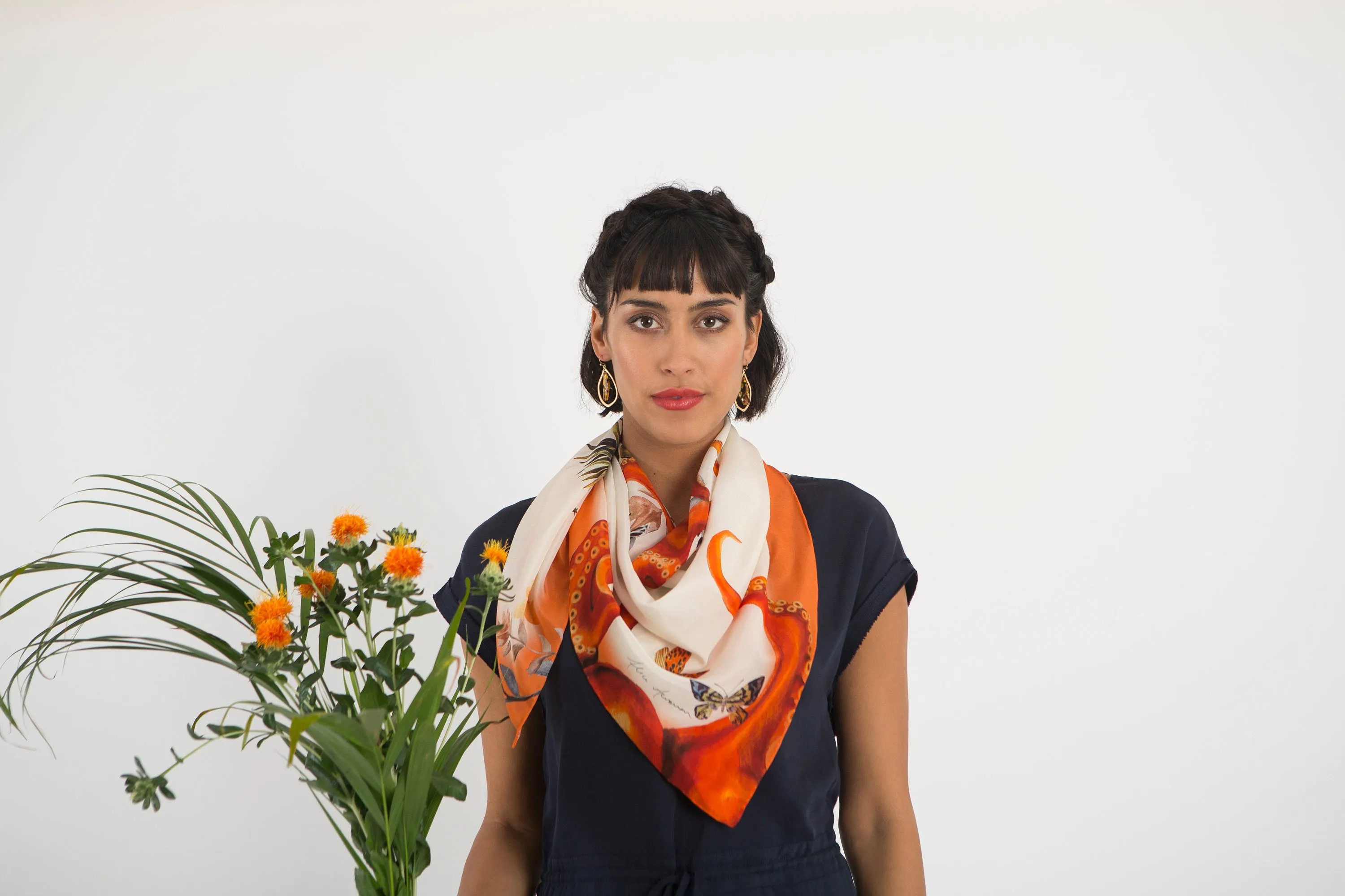 Orange Silk Scarf 'Oracle Silk' is Hand-painted, square Silk Scarf from the Evolution Collection by Alice Acreman silks