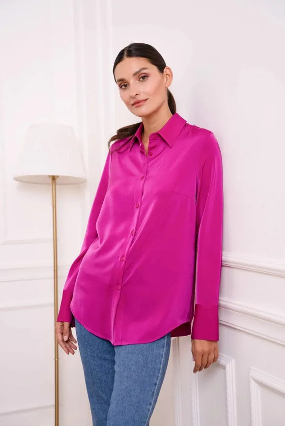 Plain Satin Shirt with Lapel Collar Magenta