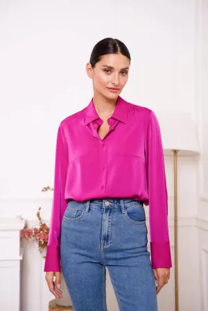 Plain Satin Shirt with Lapel Collar Magenta