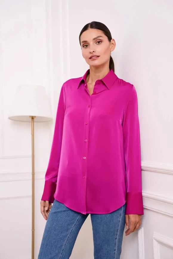 Plain Satin Shirt with Lapel Collar Magenta