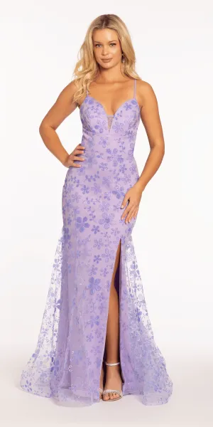 Plunging Mesh Glitter Daisy Trumpet Dress with Side Slit