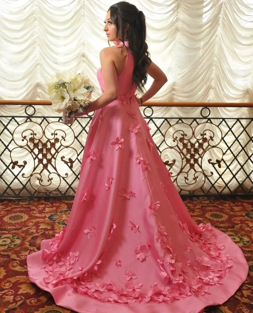 Promfast A-line High Neck Pink Flowers Long Prom Dress Cheap Evening Dress PFP1786