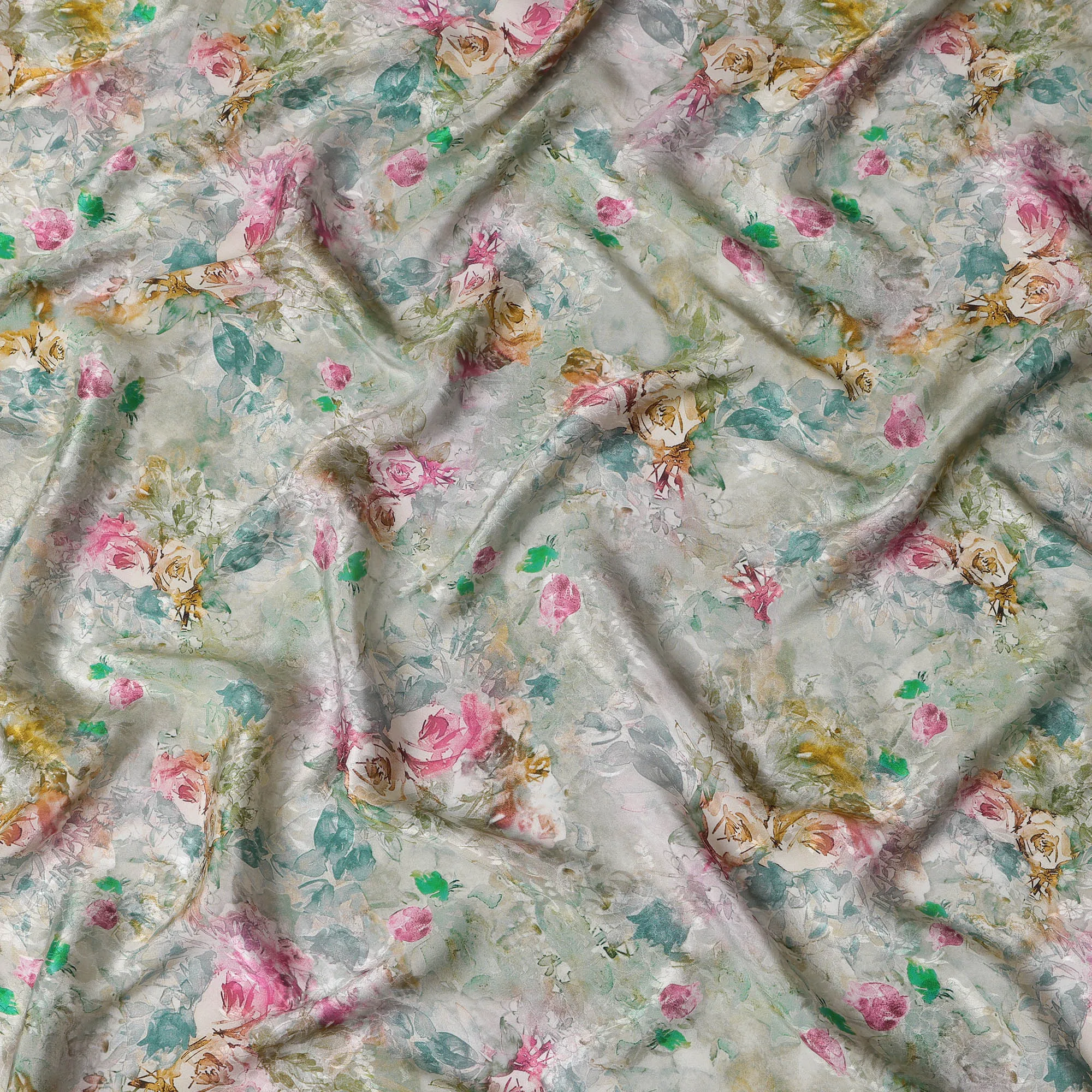 Sage Green Indian Viscose Modal Satin Fabric, Pastel Floral Print, 110 cm Width-D20931