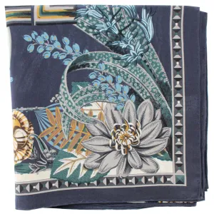 Salvatore Ferragamo Silk Navy Olive Blue Floral - Large Twill Silk 36" Square