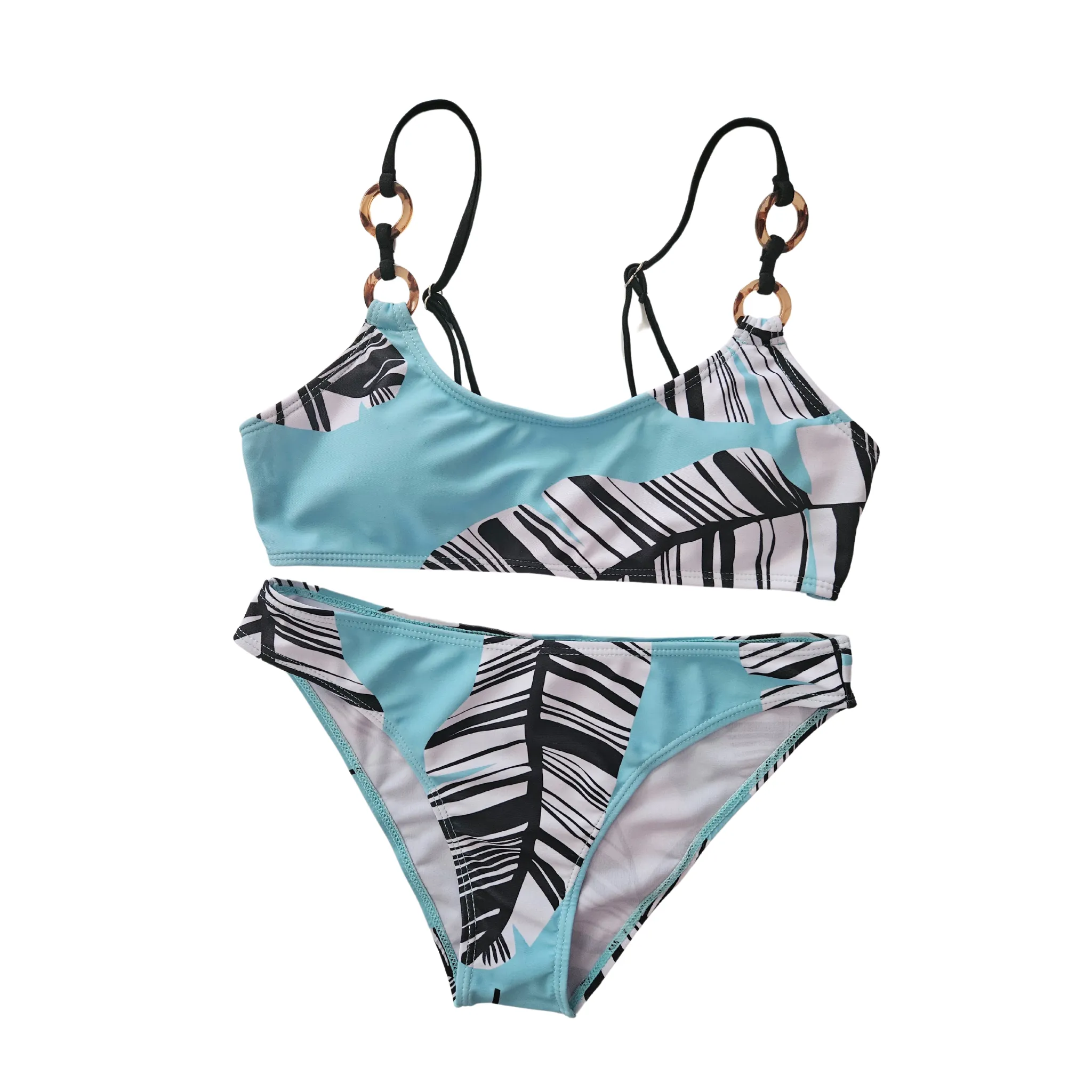 Sky Blue Floral Printed Three-piece Sporty Bikini Set