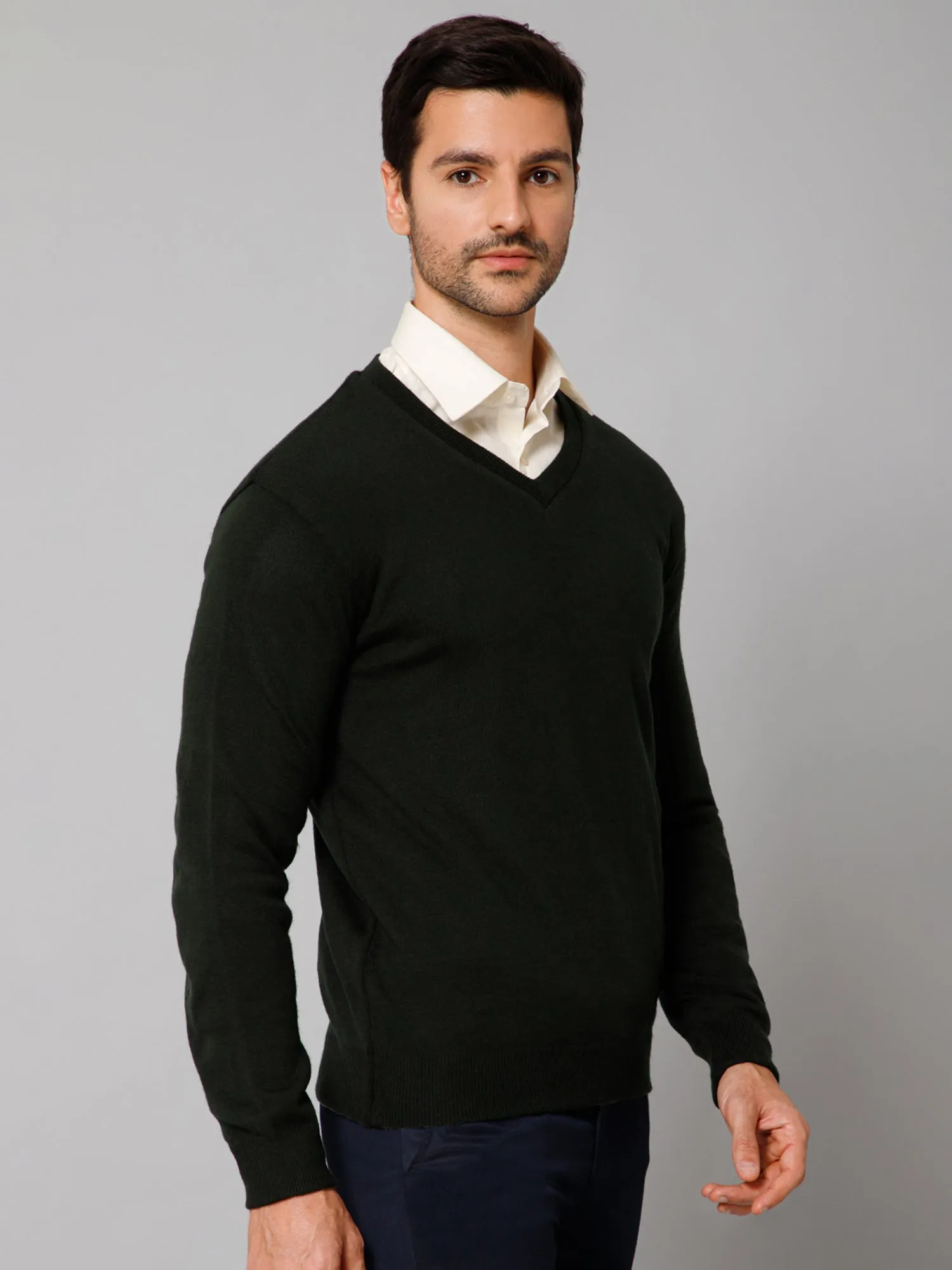 Solid Olive Full Sleeves V Neck Reversible Regular Fit Casual Sweater for Men