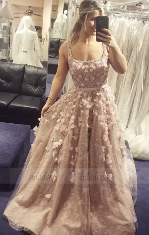 Square Neck Applique Prom Dress with Beading