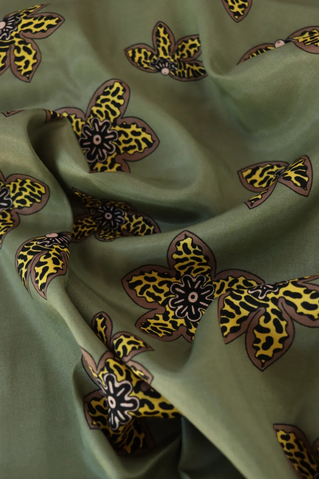 Squiggle Floral on Olive Viscose Satin