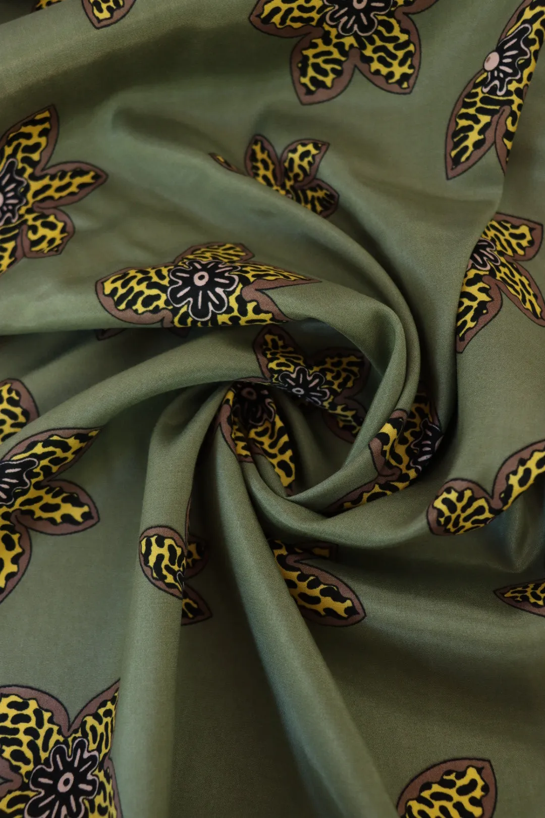 Squiggle Floral on Olive Viscose Satin