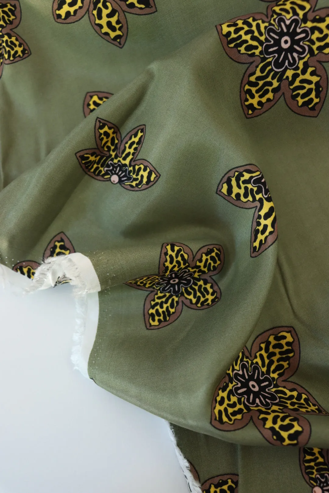 Squiggle Floral on Olive Viscose Satin