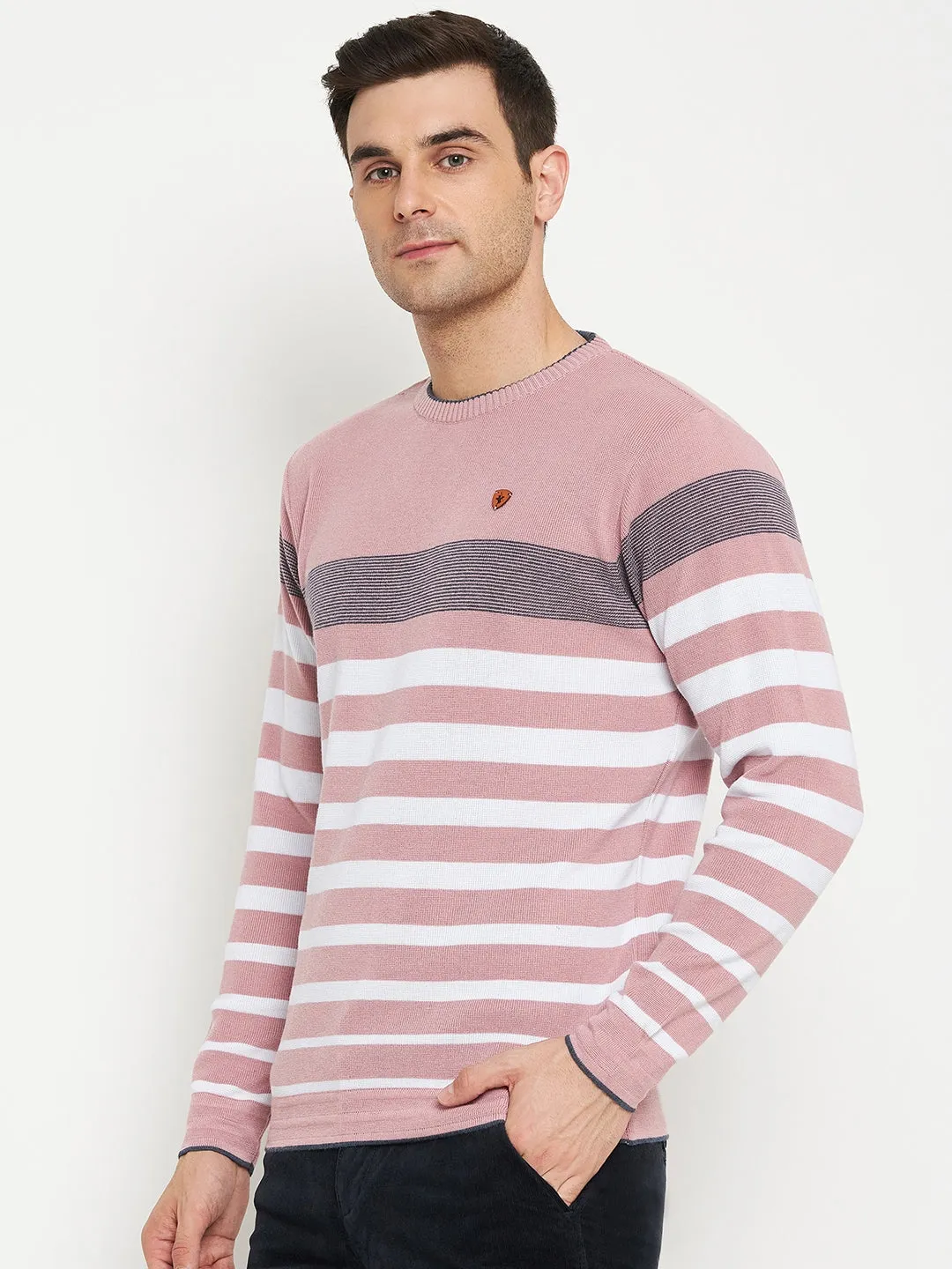 Striped Dark Pink Full Sleeves Round Neck Regular Fit Casual Sweater for Men