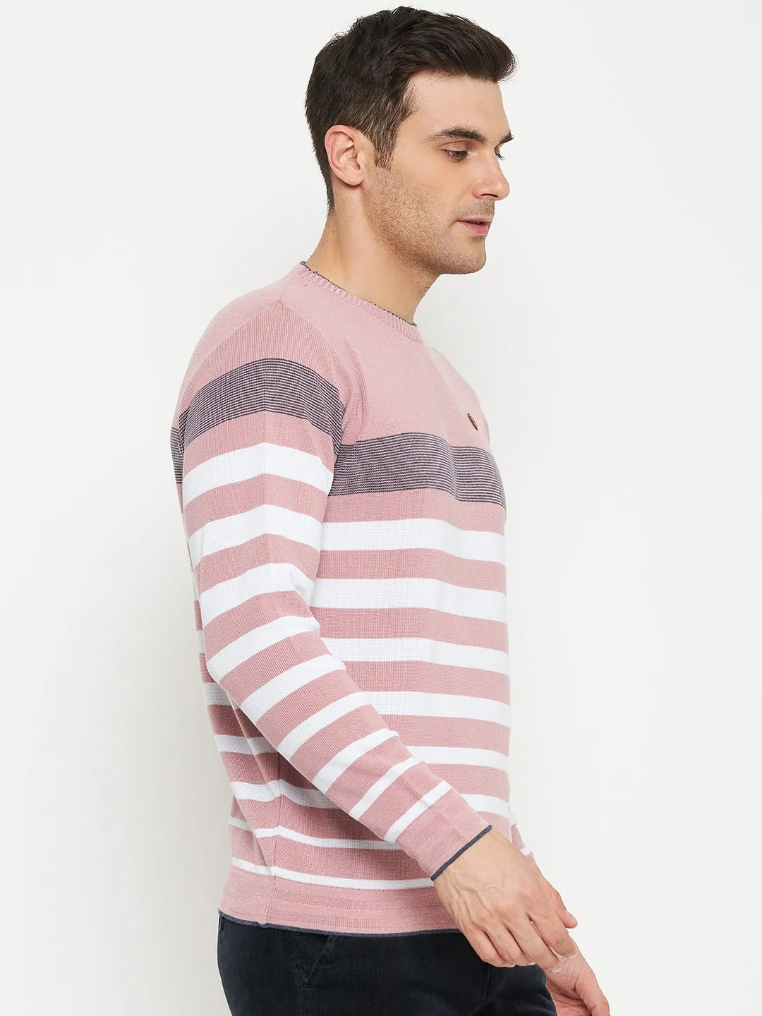 Striped Dark Pink Full Sleeves Round Neck Regular Fit Casual Sweater for Men