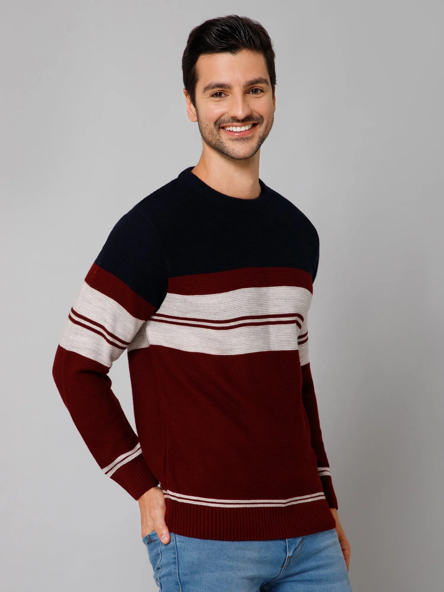 Striped Maroon Full Sleeves Round Neck Regular Fit Casual Sweater for Men