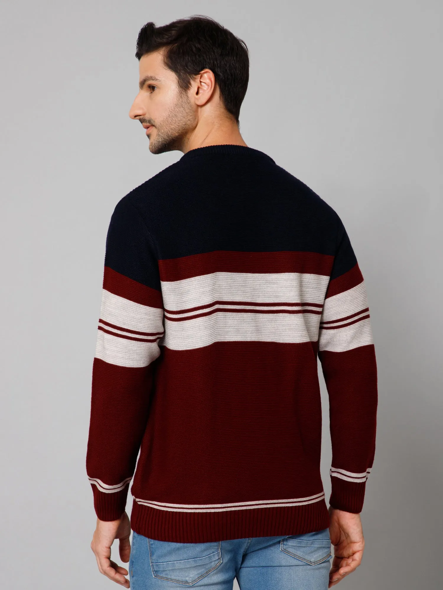 Striped Maroon Full Sleeves Round Neck Regular Fit Casual Sweater for Men