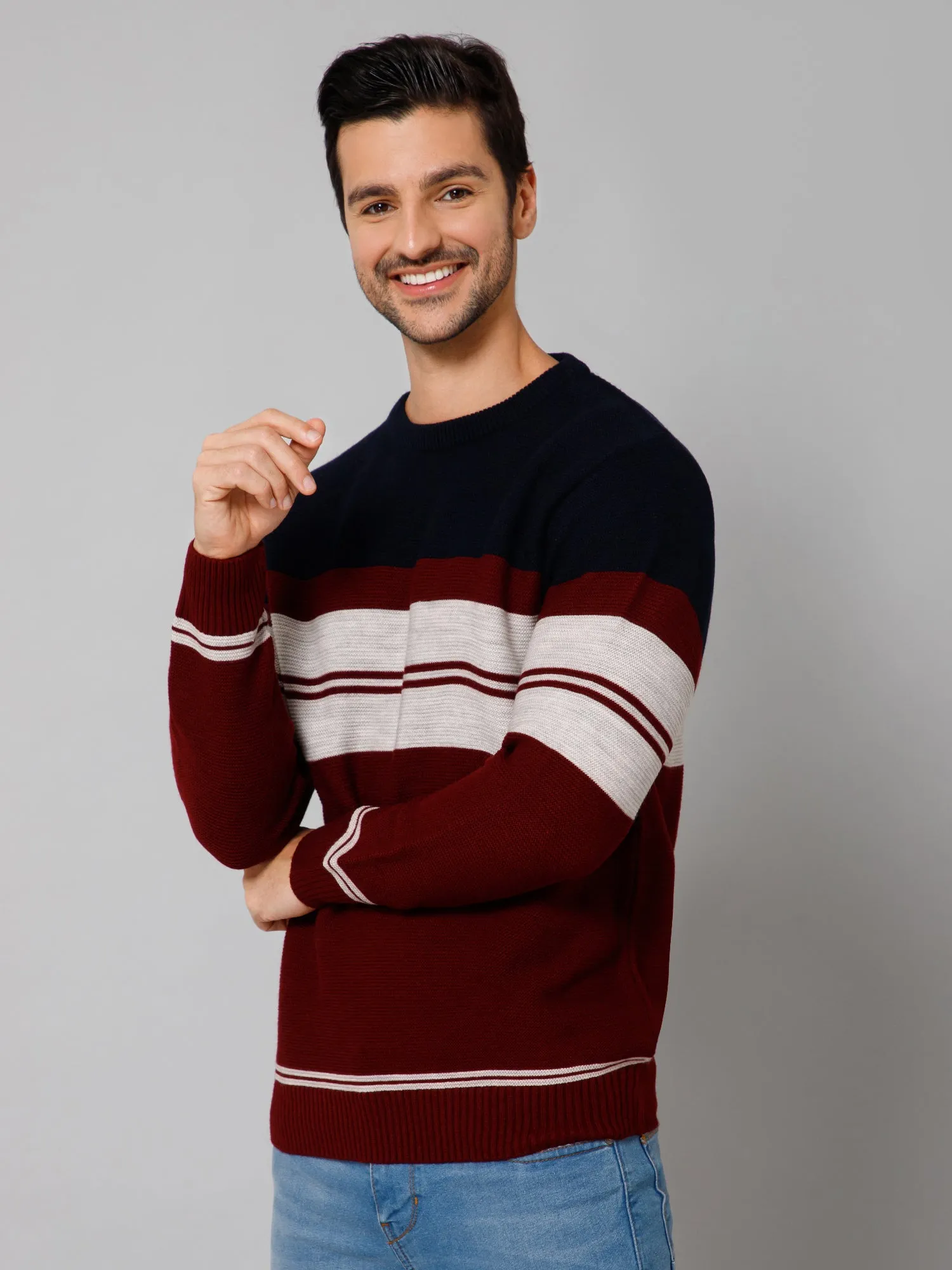 Striped Maroon Full Sleeves Round Neck Regular Fit Casual Sweater for Men