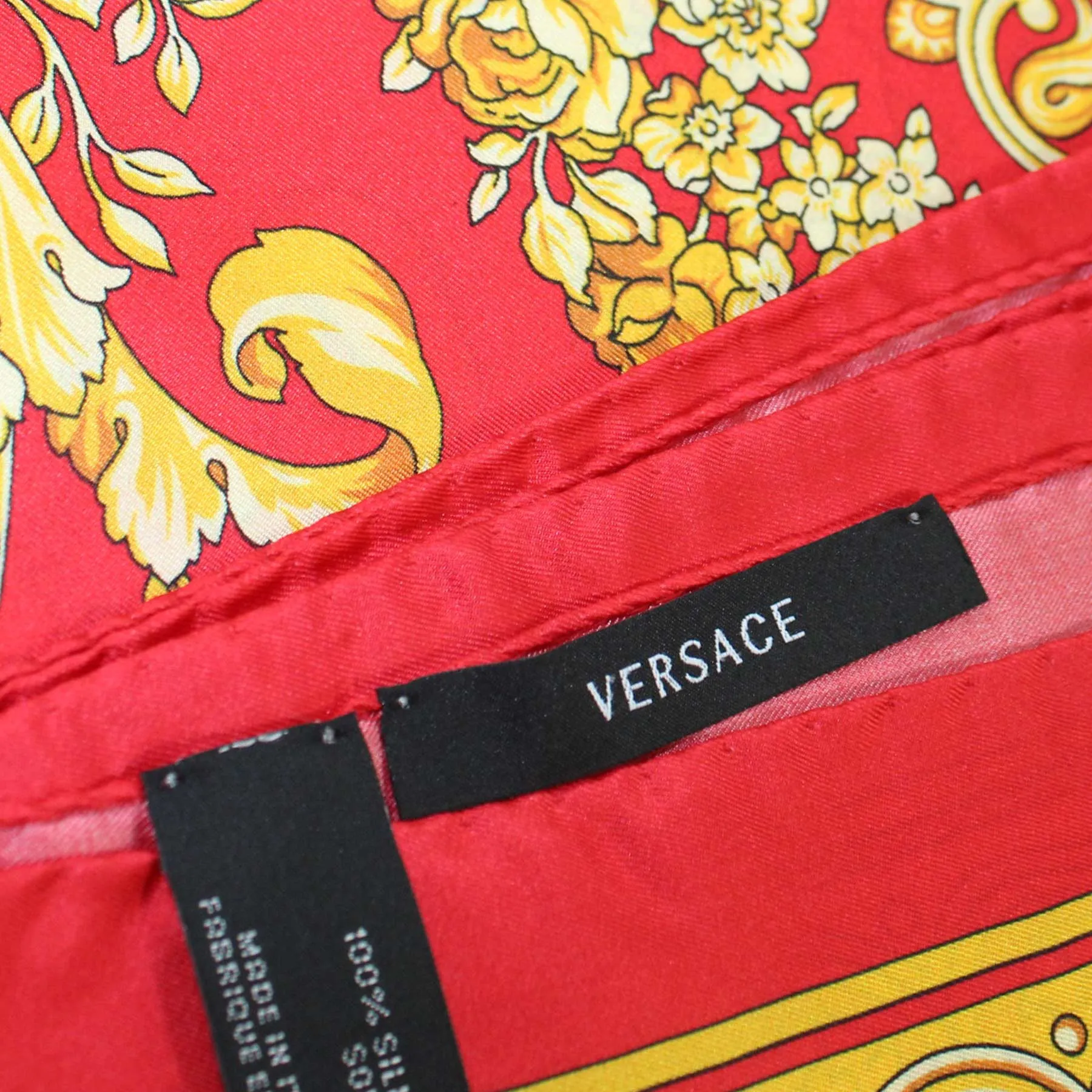 Versace Silk Scarf Red Gold Baroque Skull - Large 36 Inch Square Scarf SALE