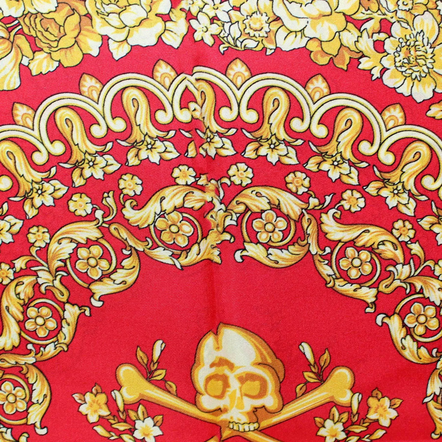 Versace Silk Scarf Red Gold Baroque Skull - Large 36 Inch Square Scarf SALE