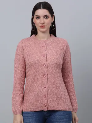 Women's Casual  Pink Round neck Cardigan Sweater