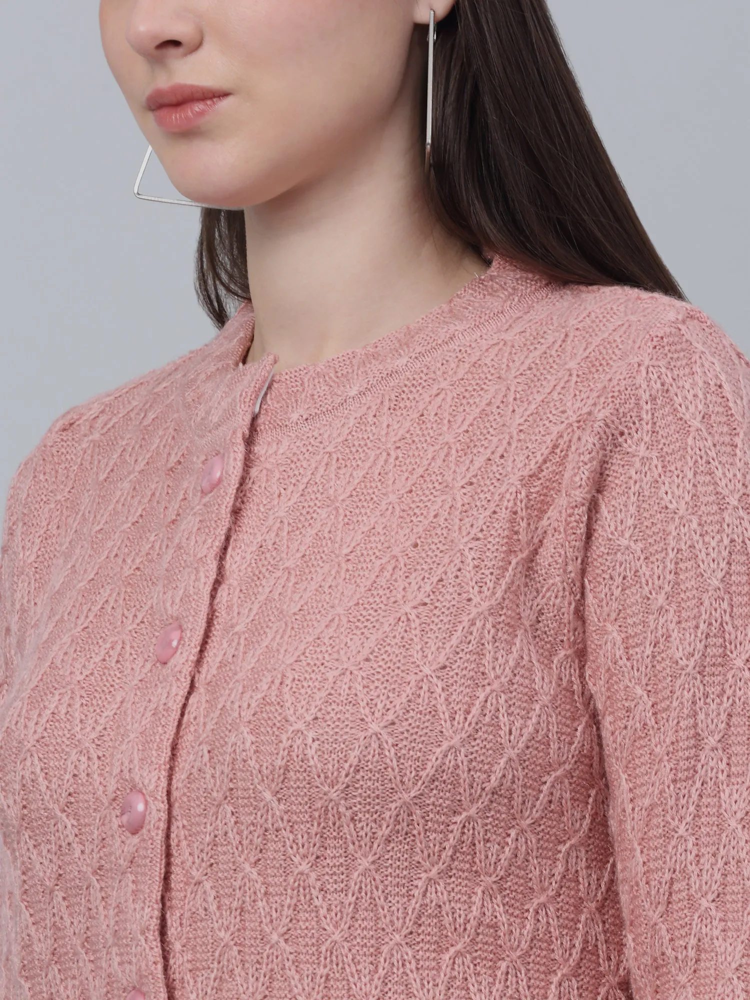 Women's Casual  Pink Round neck Cardigan Sweater