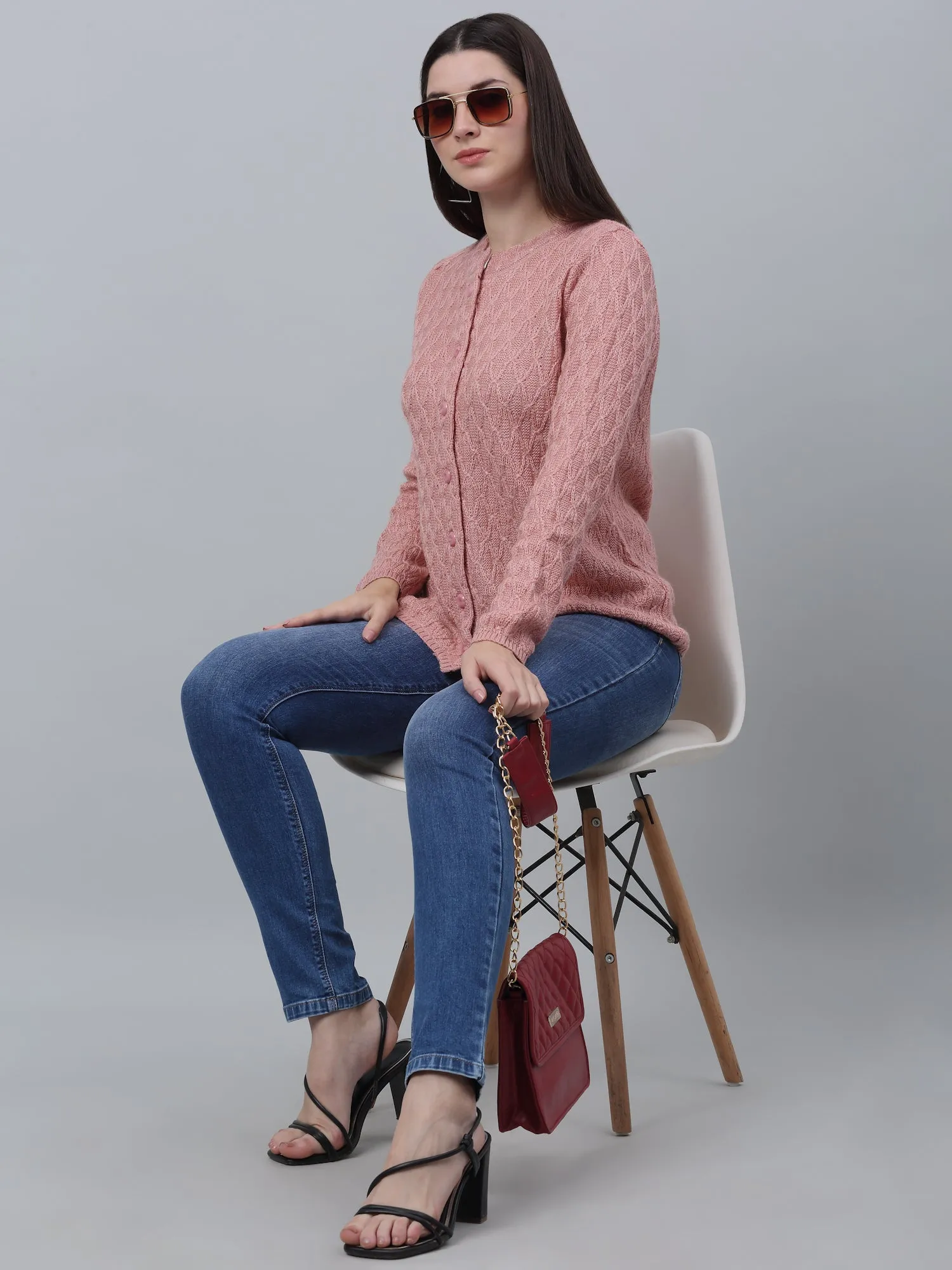 Women's Casual  Pink Round neck Cardigan Sweater