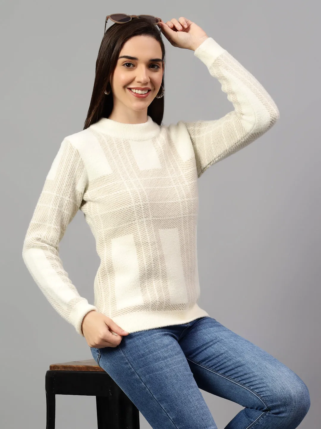 Women's Self Design Ivory Full Sleeve Casual Sweater