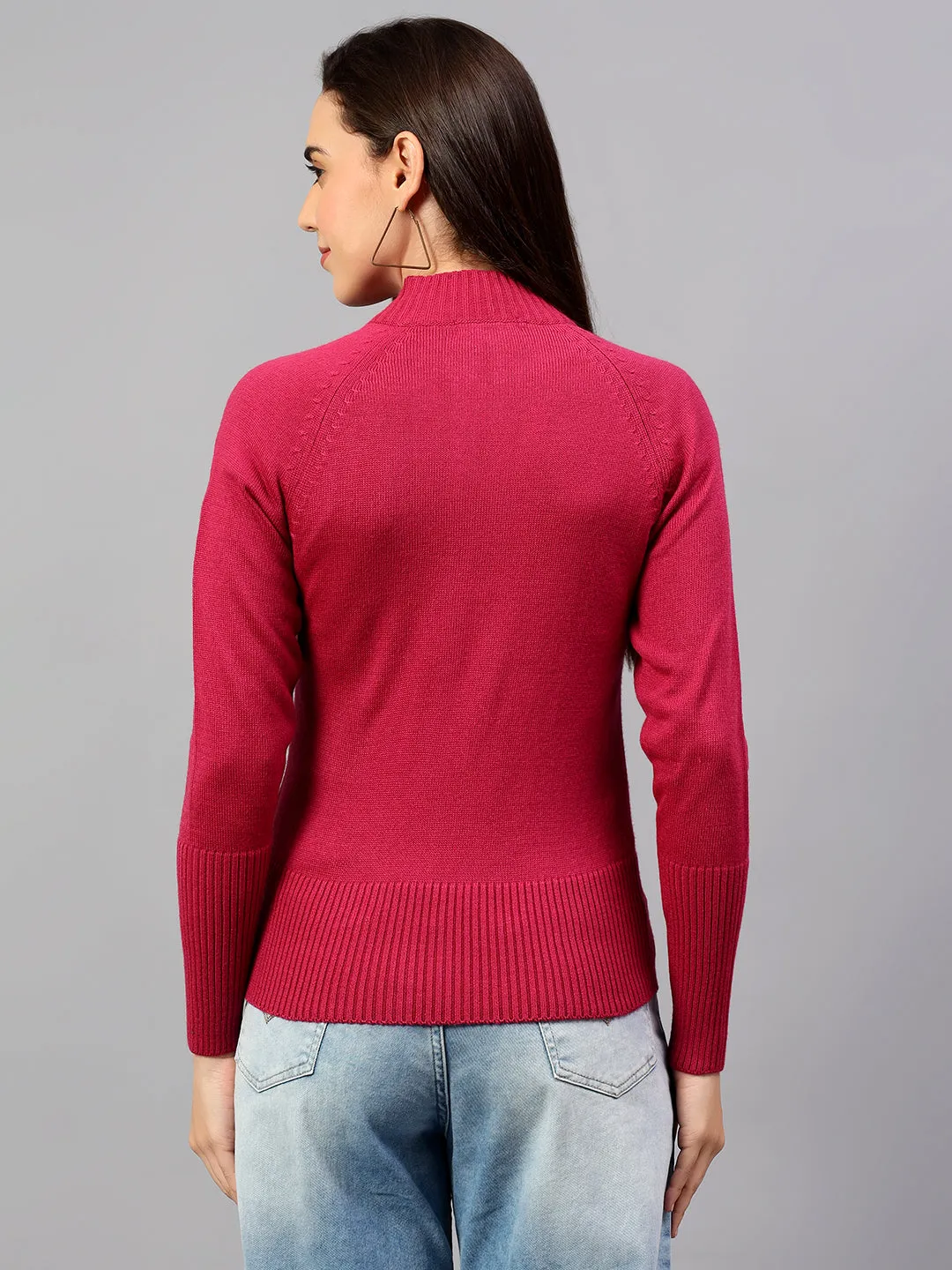 Women's Solid Dark Pink Full Sleeve Casual Sweater