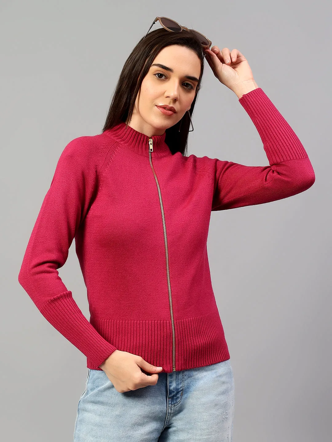 Women's Solid Dark Pink Full Sleeve Casual Sweater