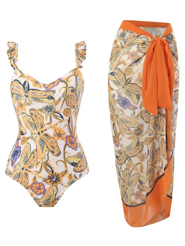 Wrap It Up Backless Floral One-Piece Swimwear with Skirt Cover Up