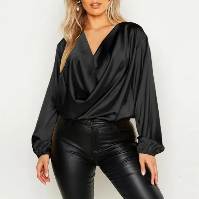 ZANZEA Satin Scoop Neck Long Sleeve Plus Size Top