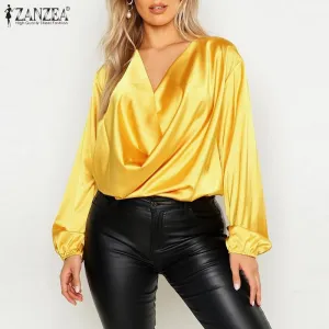 ZANZEA Satin Scoop Neck Long Sleeve Plus Size Top