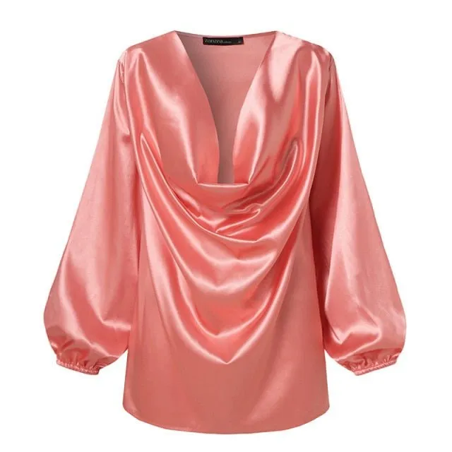 ZANZEA Satin Scoop Neck Long Sleeve Plus Size Top